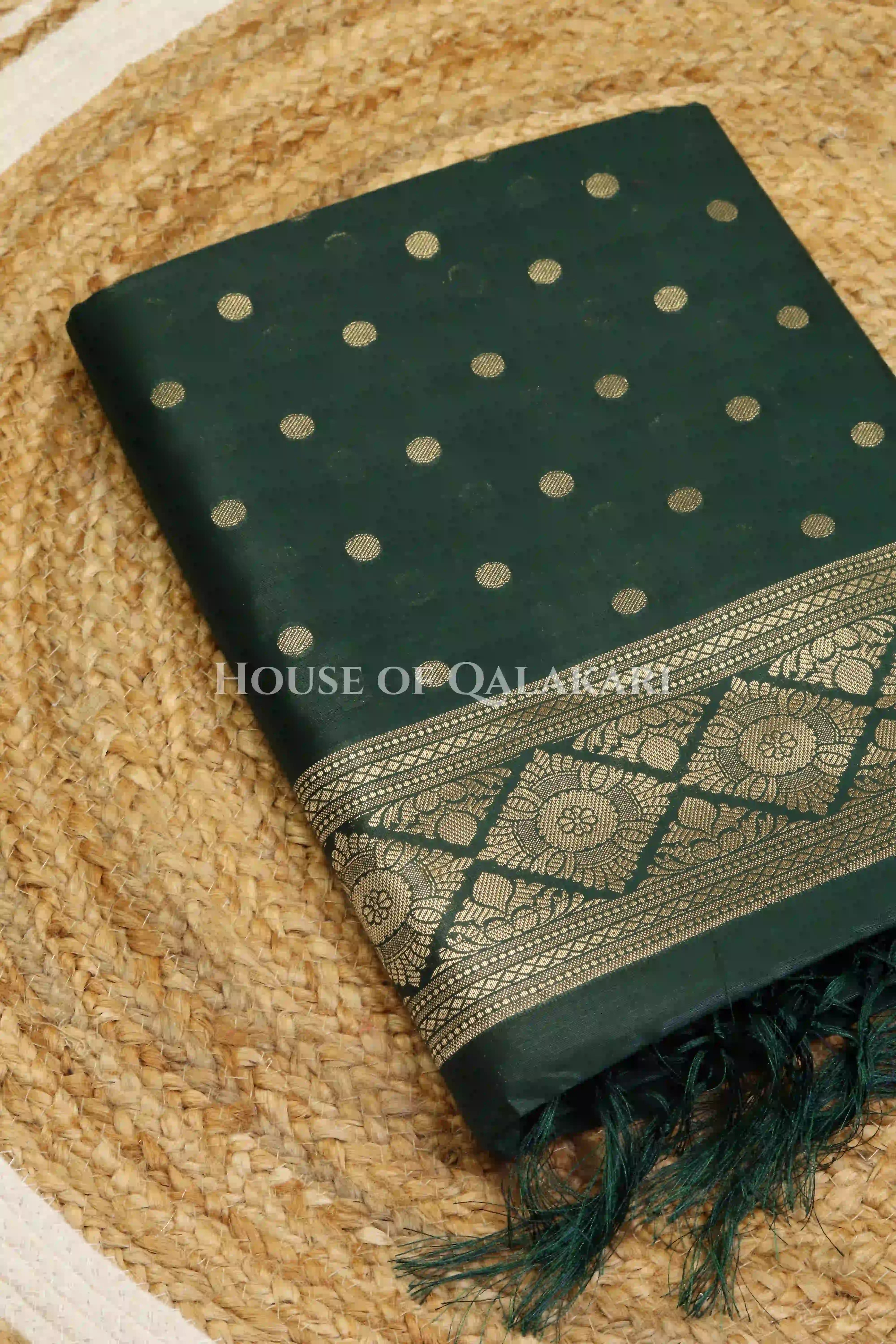 Banarasi Cotton Silk blend Unstitched Dress Material in Bottle Green and with gol buti( Polka dots) inspired work – kurta