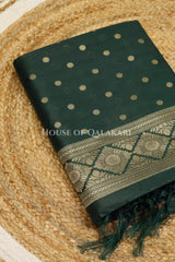 Banarasi Cotton Silk blend Unstitched Dress Material in Bottle Green and with gol buti( Polka dots) inspired work – kurta