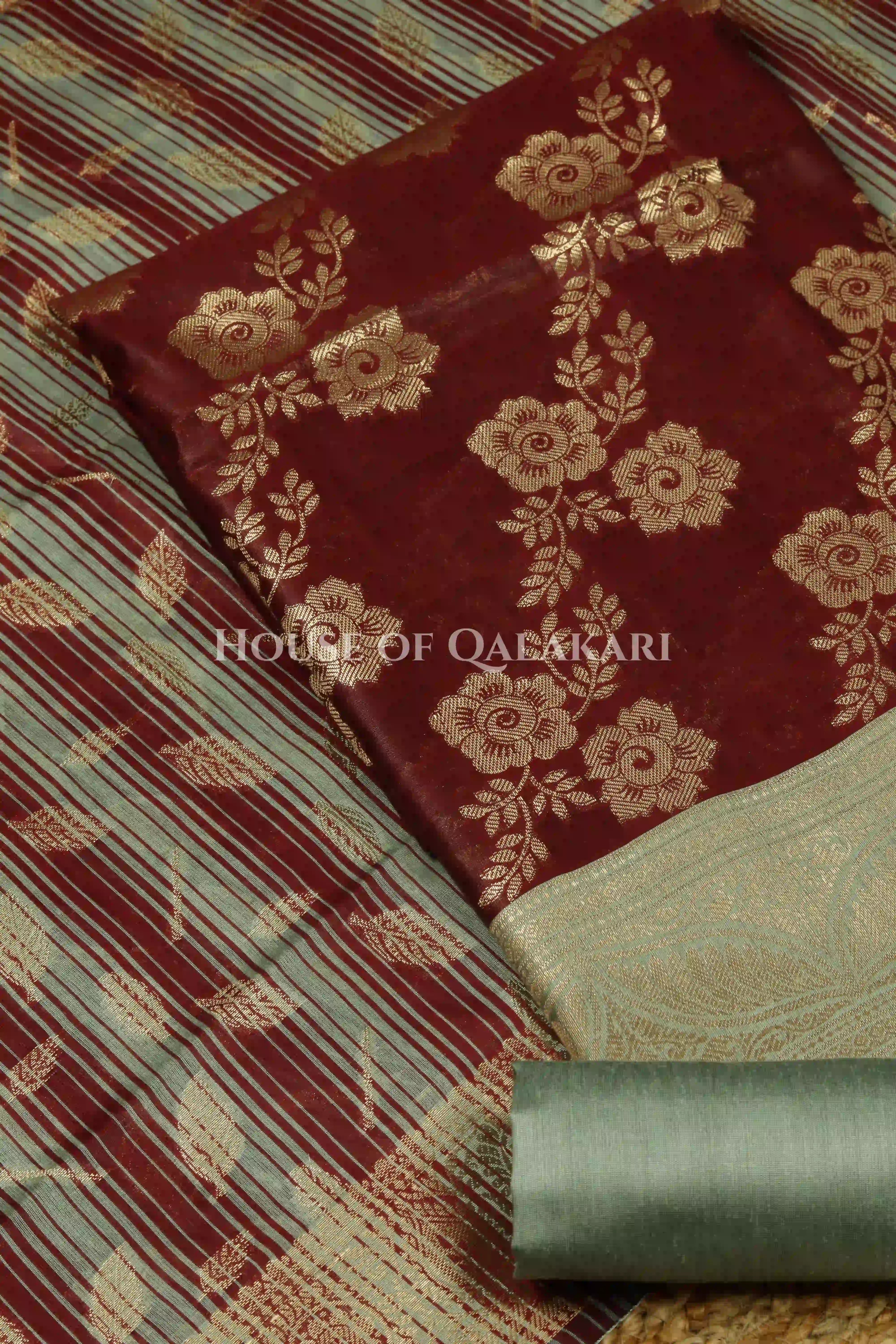 Banarasi Cotton Silk blend Unstitched Dress Material in maroon and Grey contrast with Intricate Zari Buti – product