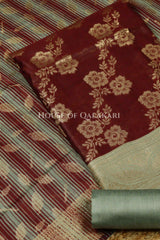 Banarasi Cotton Silk blend Unstitched Dress Material in maroon and Grey contrast with Intricate Zari Buti – product
