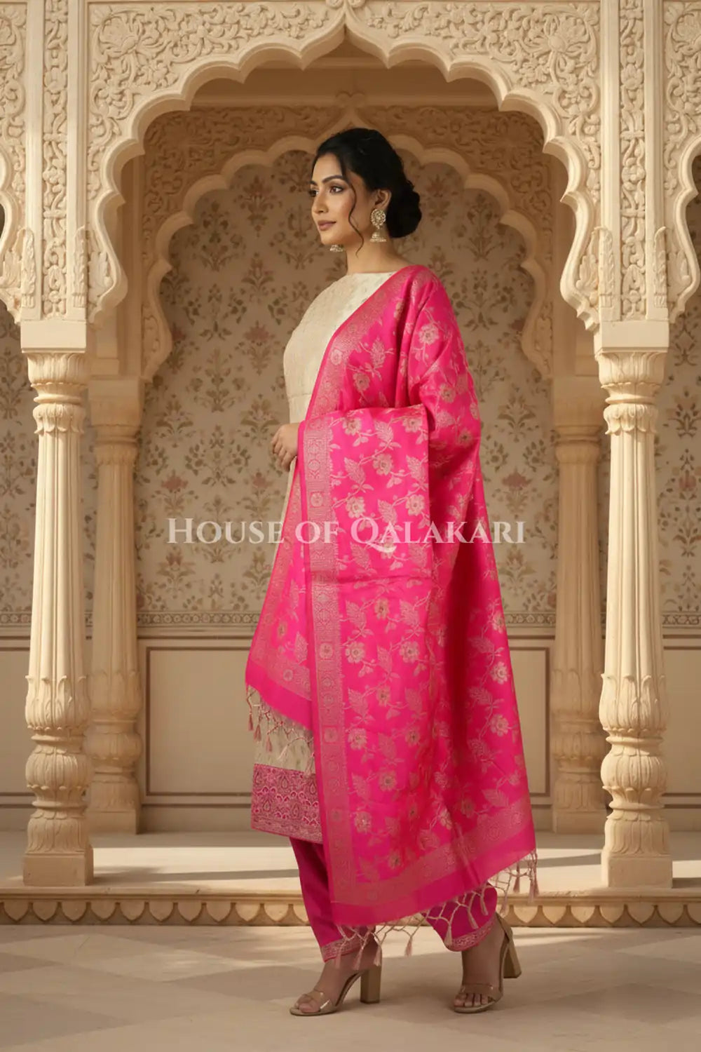 Banarasi Unstitched Dress Material in Mushroom and with all over leaf buti and resham border along with floral resham jaal dupatta – side pose