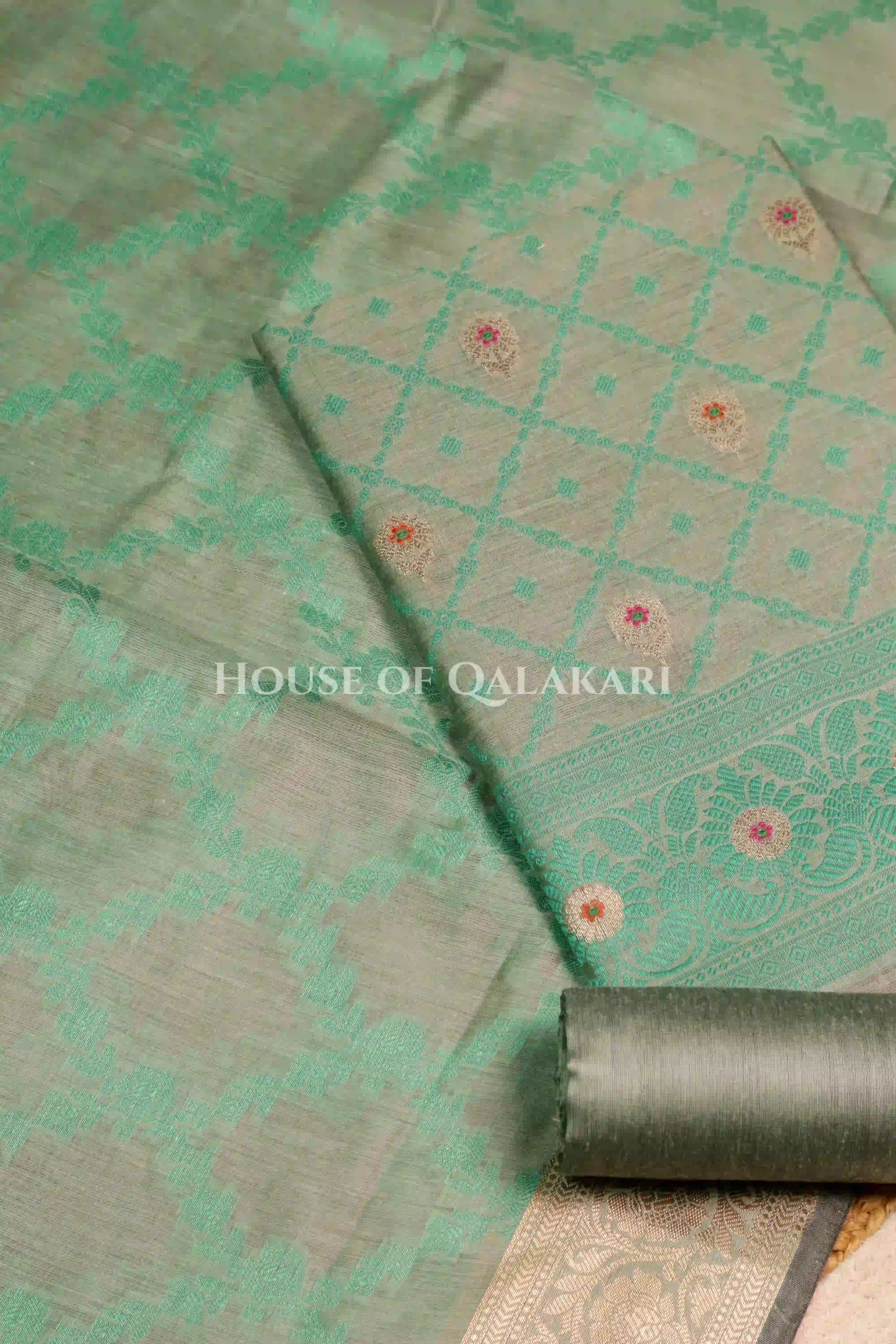 Banarasi Unstitched Dress Material in Grey Olive -Sea Green diamond Chokdi resham work kurta and zari border – product