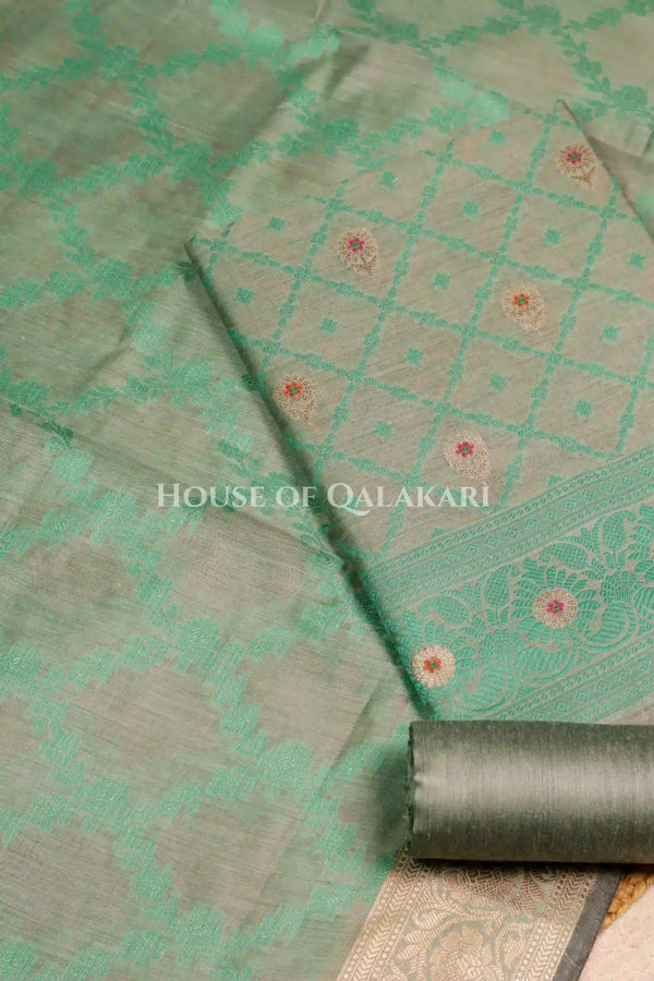 Banarasi Unstitched Dress Material in Grey Olive -Sea Green diamond Chokdi resham work kurta and zari border – product