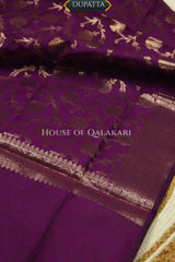 Banarasi silk Unstitched Dress Material in Rose Pink and Dark Purple contrast with Intricate Zari Buti – dupatta