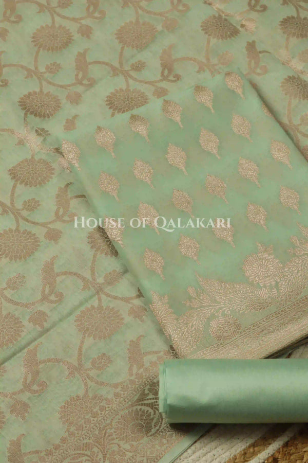 Banarasi Chanderi Cotton Unstitched Dress Material in Mint Green with intricate Zari Buti work – product