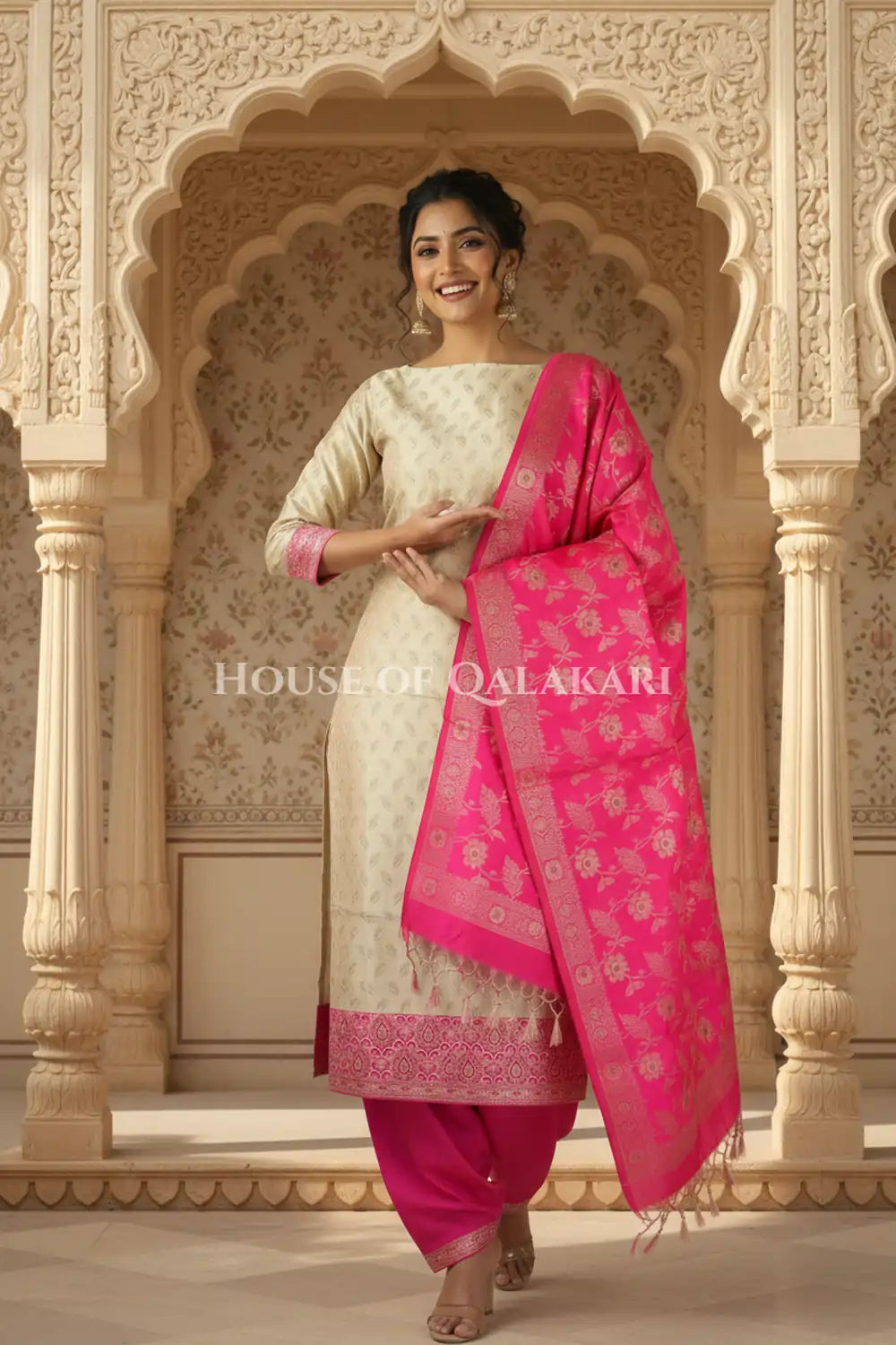 Banarasi Unstitched Dress Material in Mushroom and with all over leaf buti and resham border along with floral resham jaal dupatta – festive pose