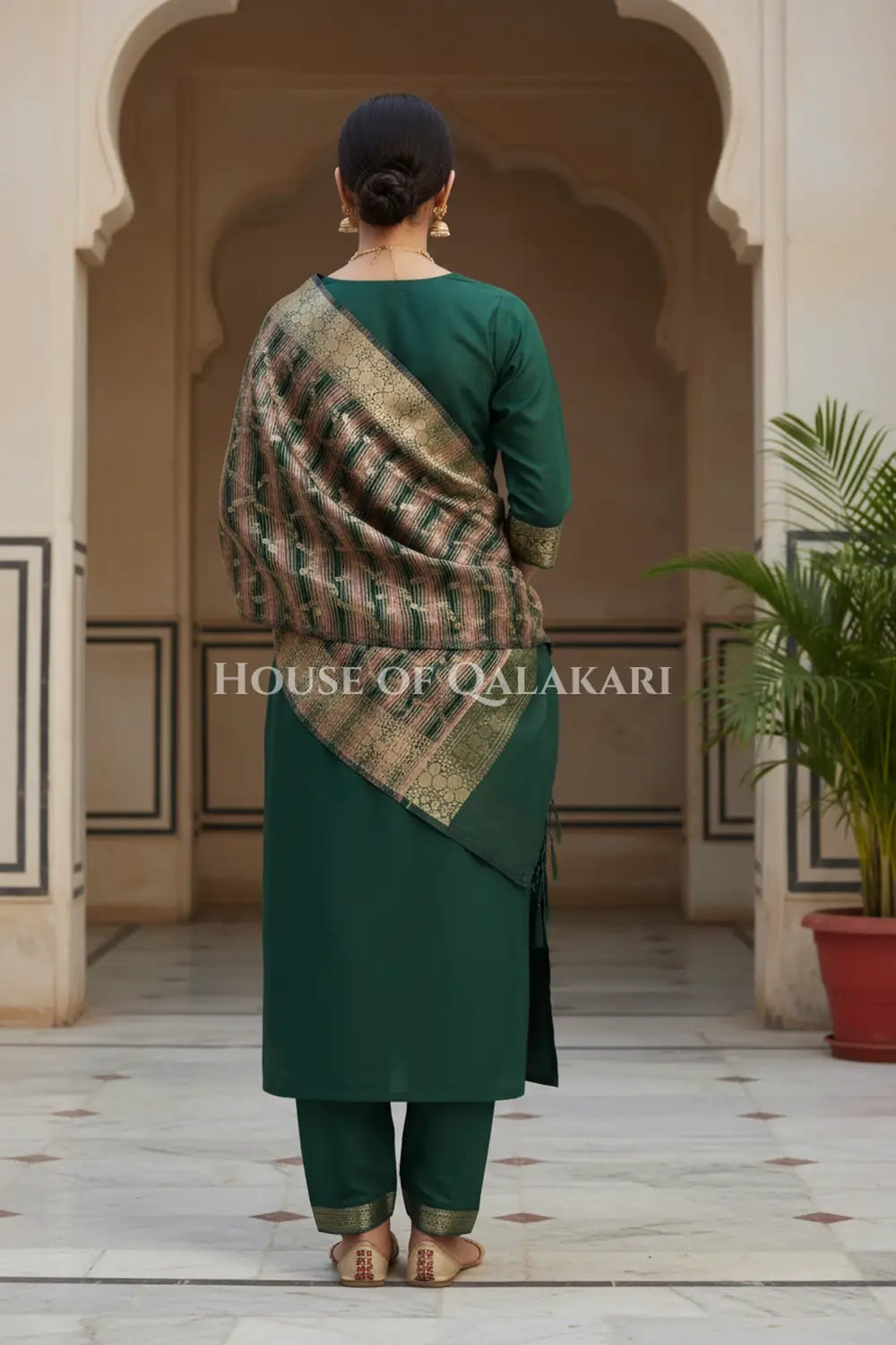 Banarasi Cotton Silk blend Unstitched Dress Material in Bottle Green and with Bandhani-Leheriya inspired work – back pose