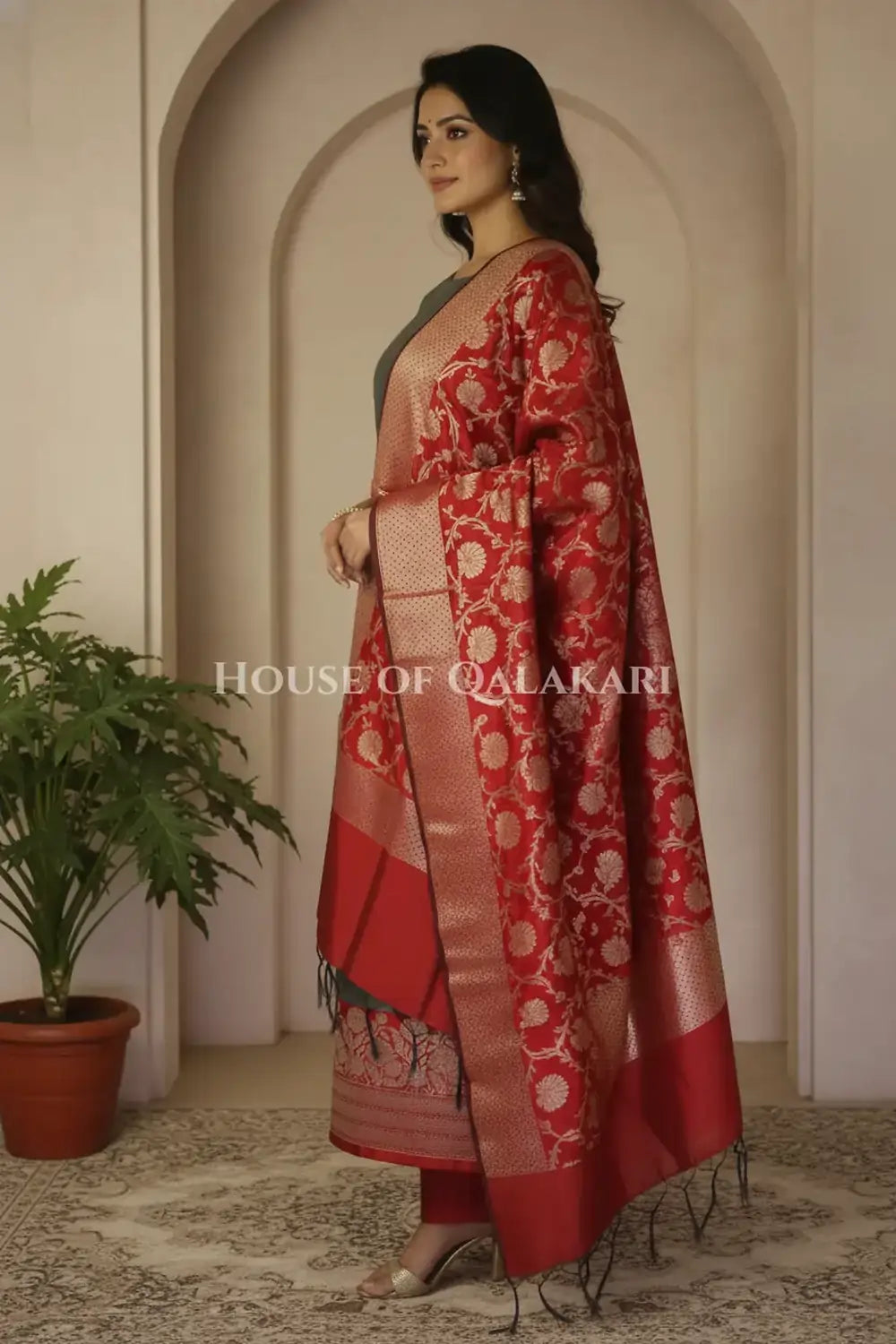Banarasi silk Unstitched Dress Material in grey and red contrast with Intricate Zari Buti – side pose