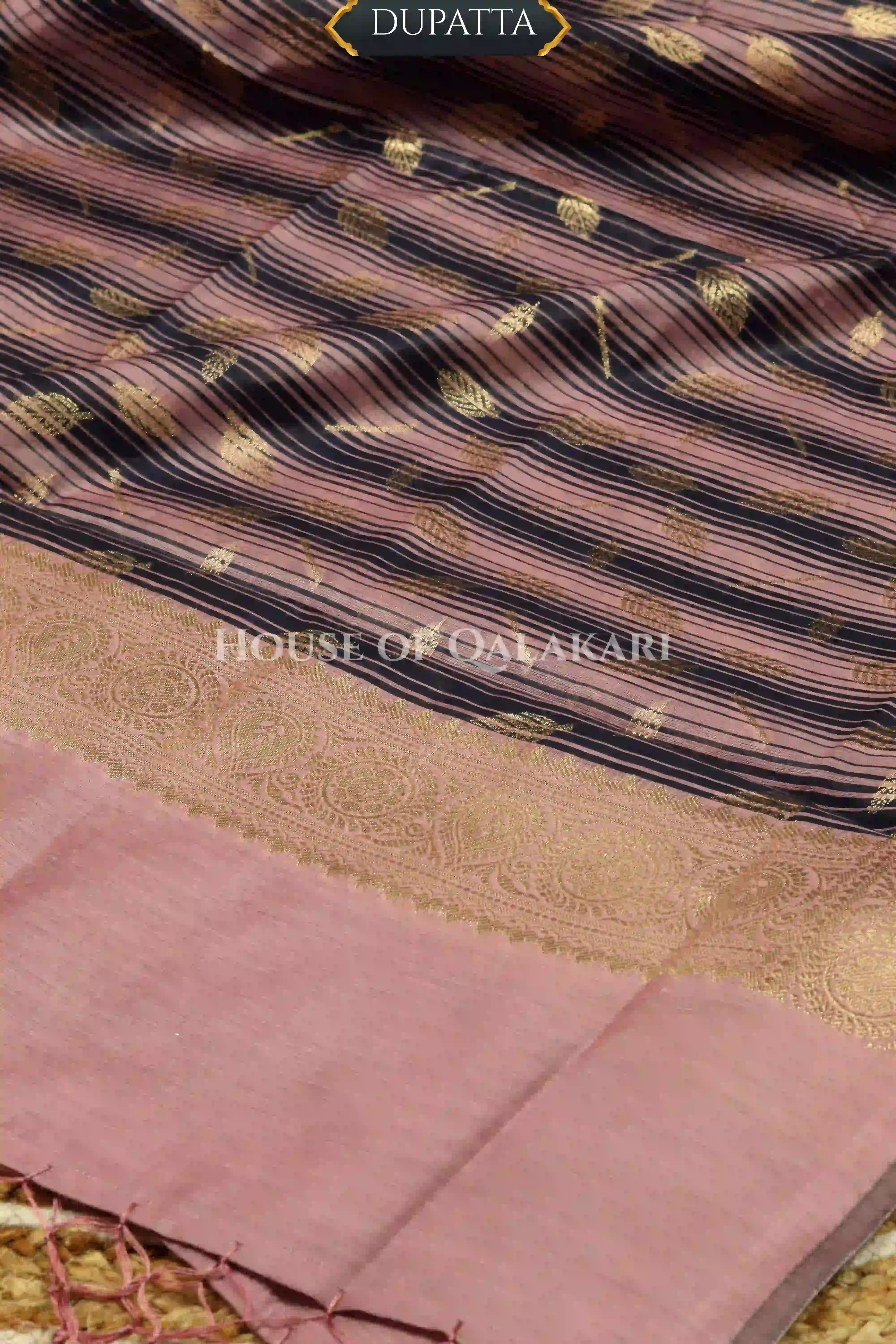 Banarasi Cotton Silk blend Unstitched Dress Material in navy blue and rose gold contrast with Intricate Zari Buti – dupatta