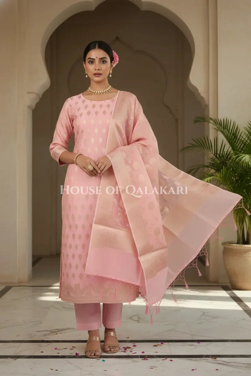 Banarasi Chanderi Cotton Unstitched Dress Material in Blush Pink with intricate Zari Buti work – festive
