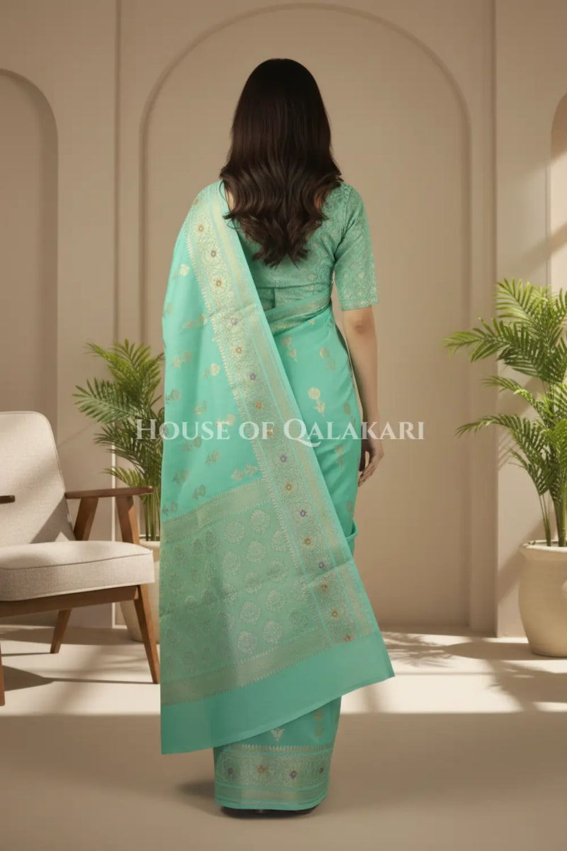 chiniya pure silk saree back pose