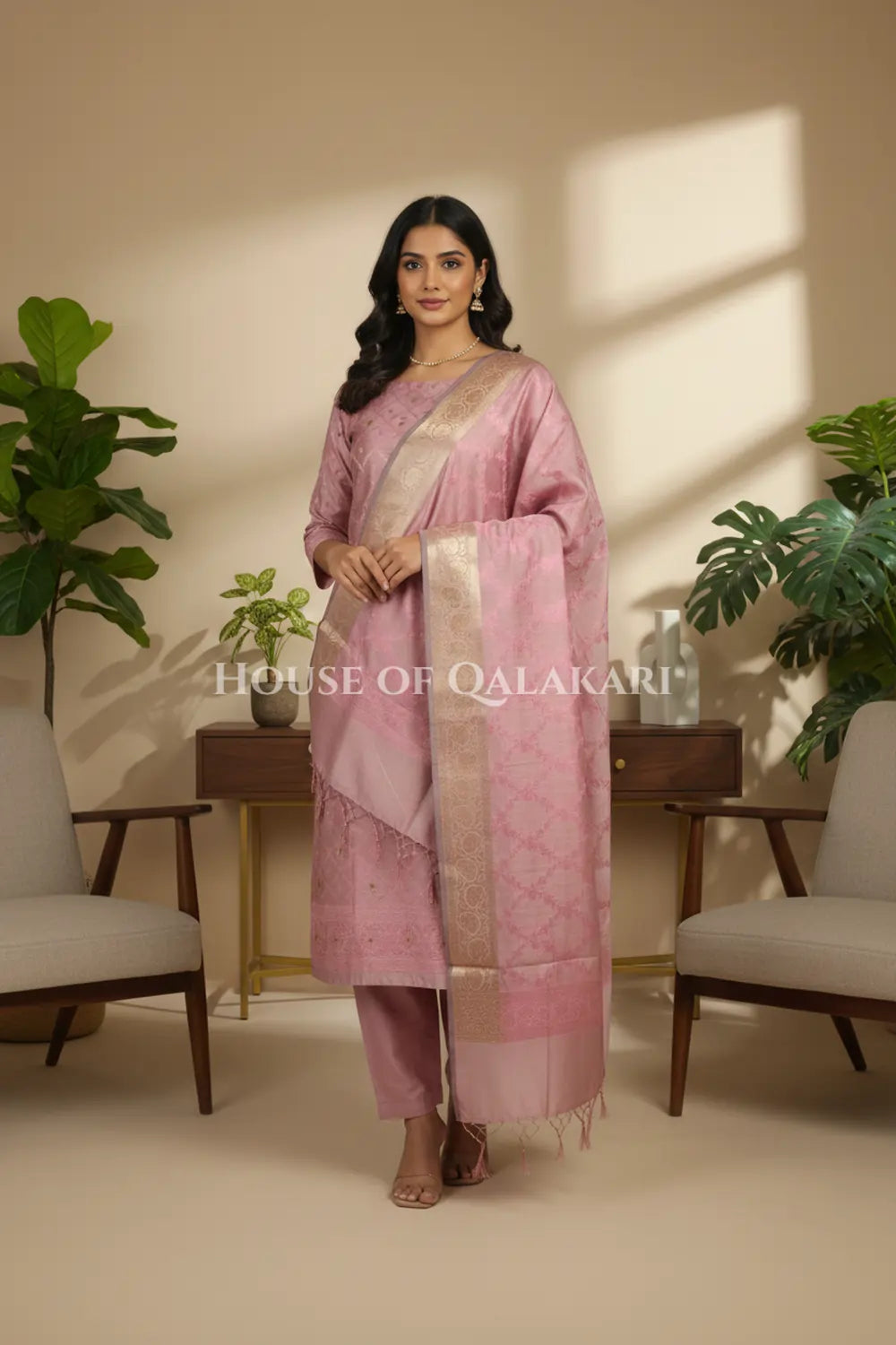 Banarasi Unstitched Dress Material in Dusky Rose diamond Chokdi resham work kurta and zari border – front pose