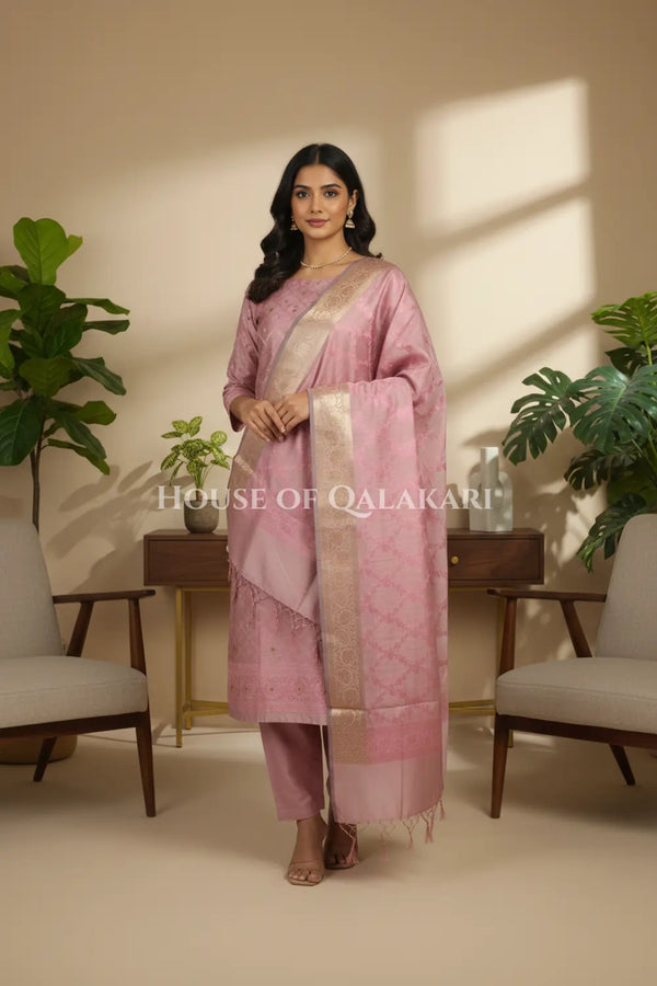Banarasi Unstitched Dress Material in Dusky Rose diamond Chokdi resham work kurta and zari border – front pose