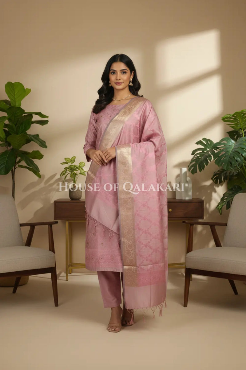 Banarasi Unstitched Dress Material in Dusky Rose diamond Chokdi resham work kurta and zari border – front pose