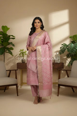 Banarasi Unstitched Dress Material in Dusky Rose diamond Chokdi resham work kurta and zari border – front pose