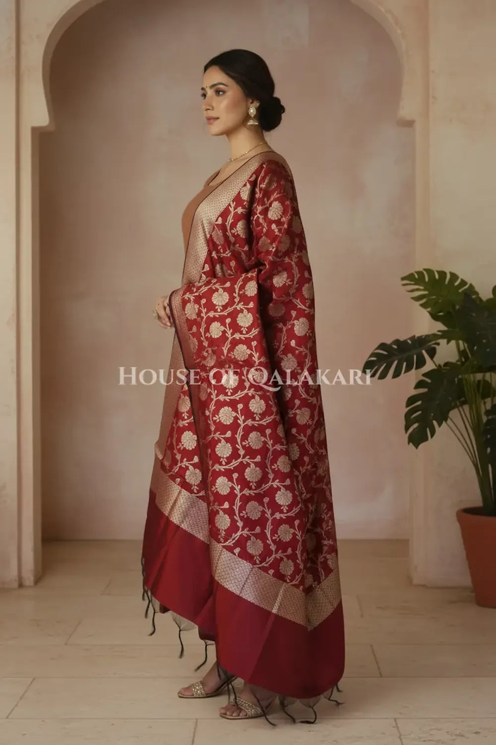 Banarasi silk Unstitched Dress Material in mustard and red contrast with Intricate Zari Buti – side pose