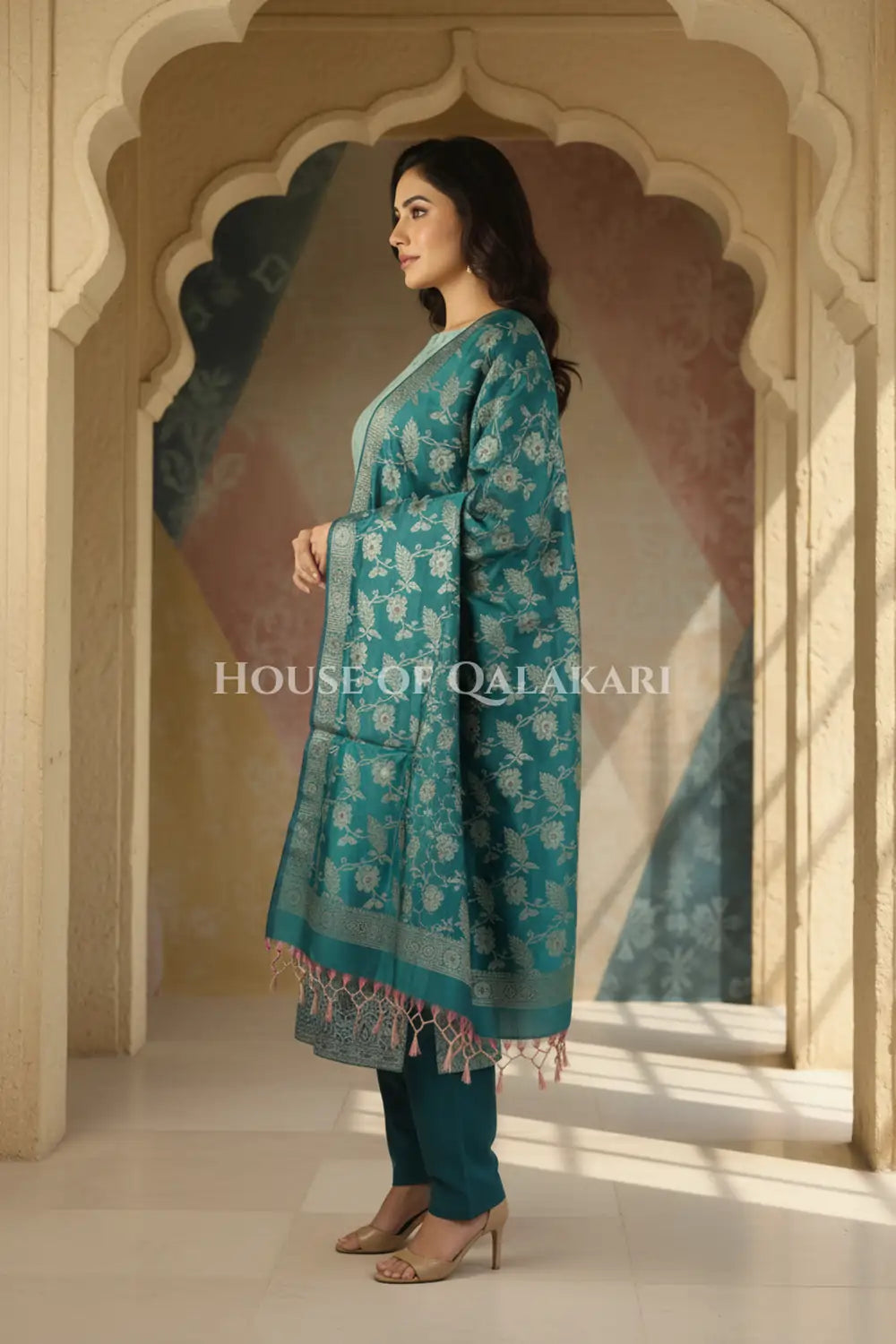 Banarasi Unstitched Dress Material in Silver Green and with all over leaf buti and resham border along with floral resham jaal dupatta – side pose