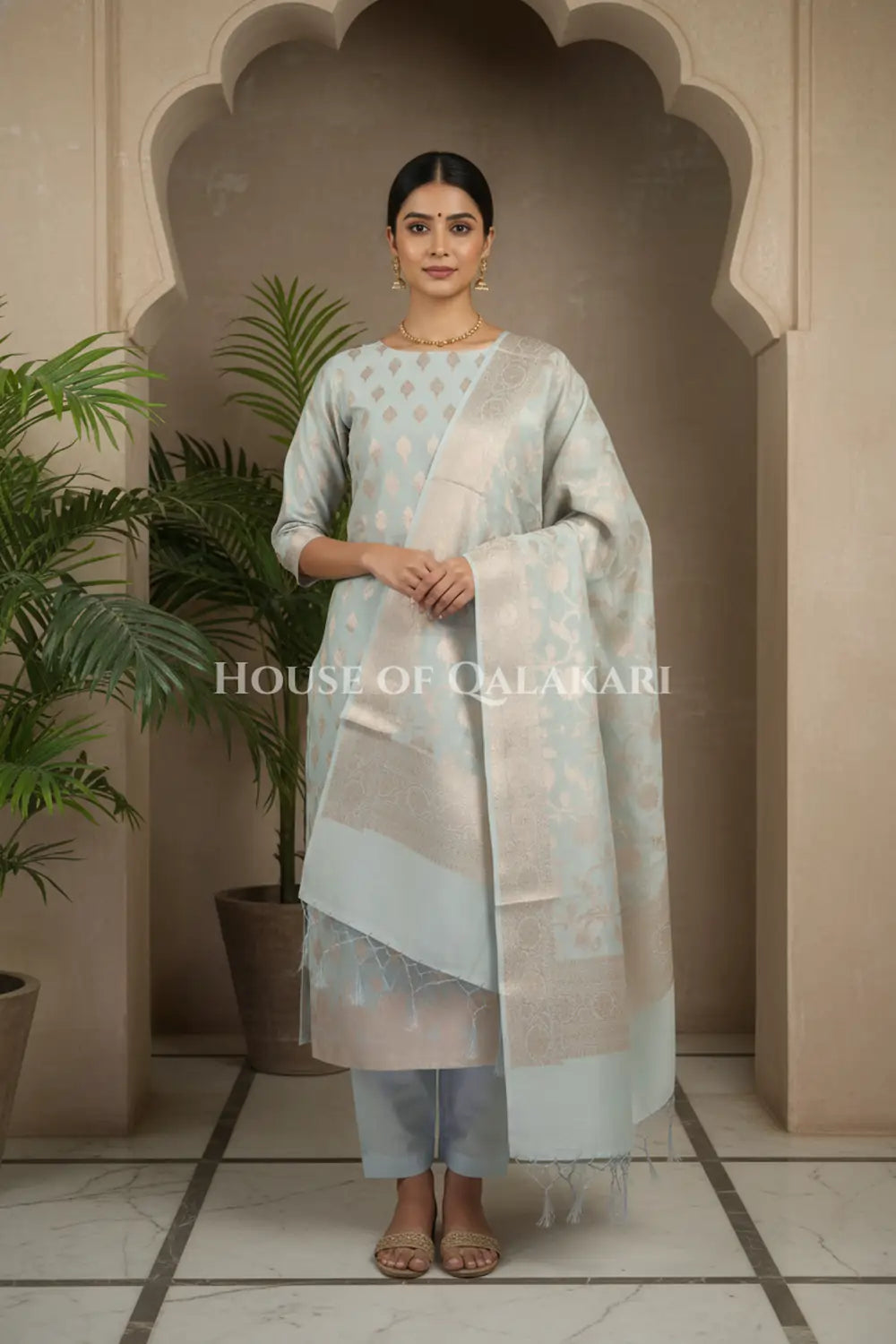 Banarasi Chanderi Cotton Unstitched Dress Material in Ash Grey with intricate Zari Buti work – front pose