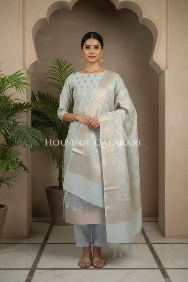 Banarasi Chanderi Cotton Unstitched Dress Material in Ash Grey with intricate Zari Buti work – front pose