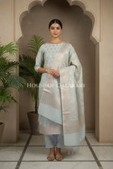 Banarasi Chanderi Cotton Unstitched Dress Material in Ash Grey with intricate Zari Buti work – front pose