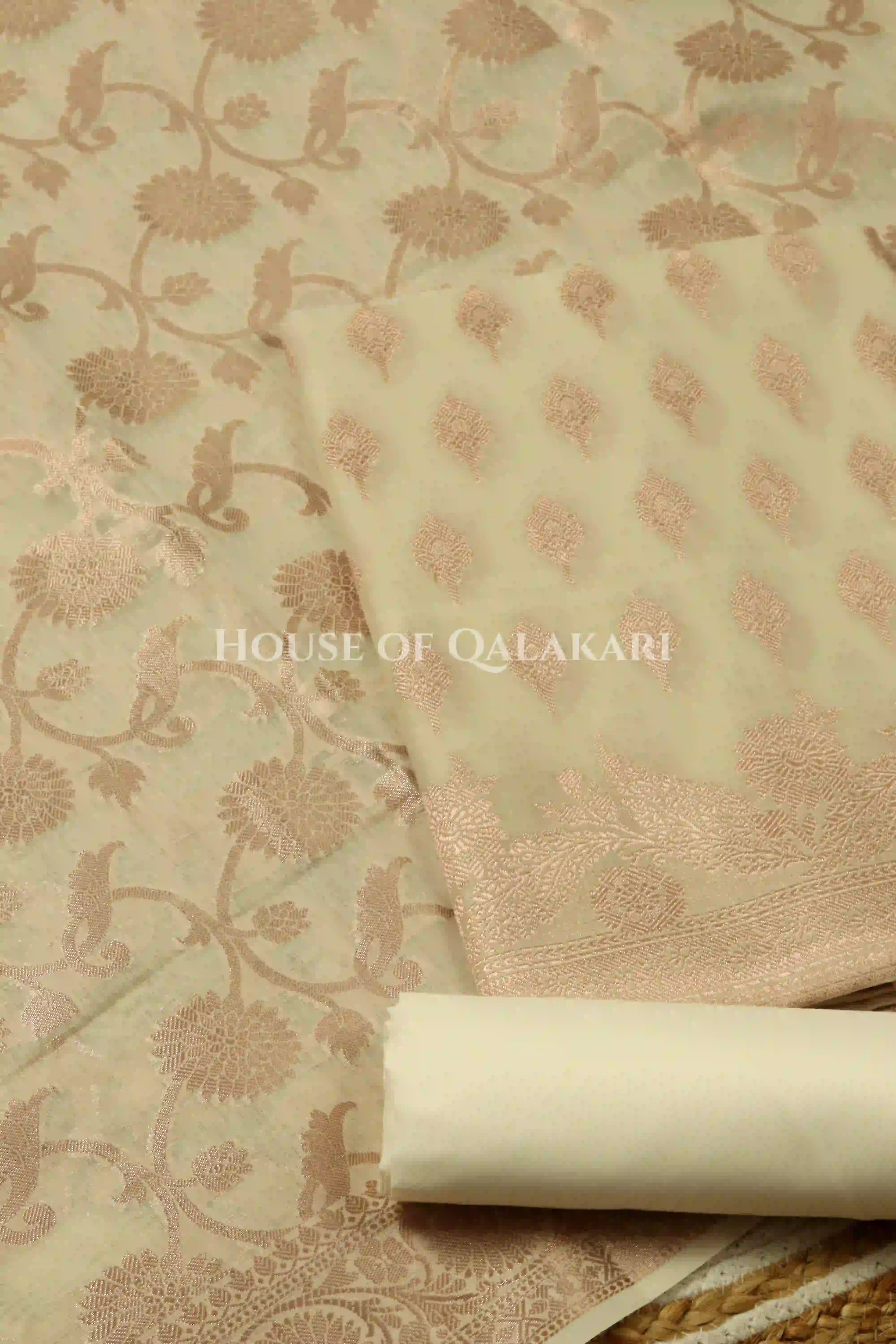 Banarasi Chanderi Cotton Unstitched Dress Material in Cream with intricate Zari Buti work – product