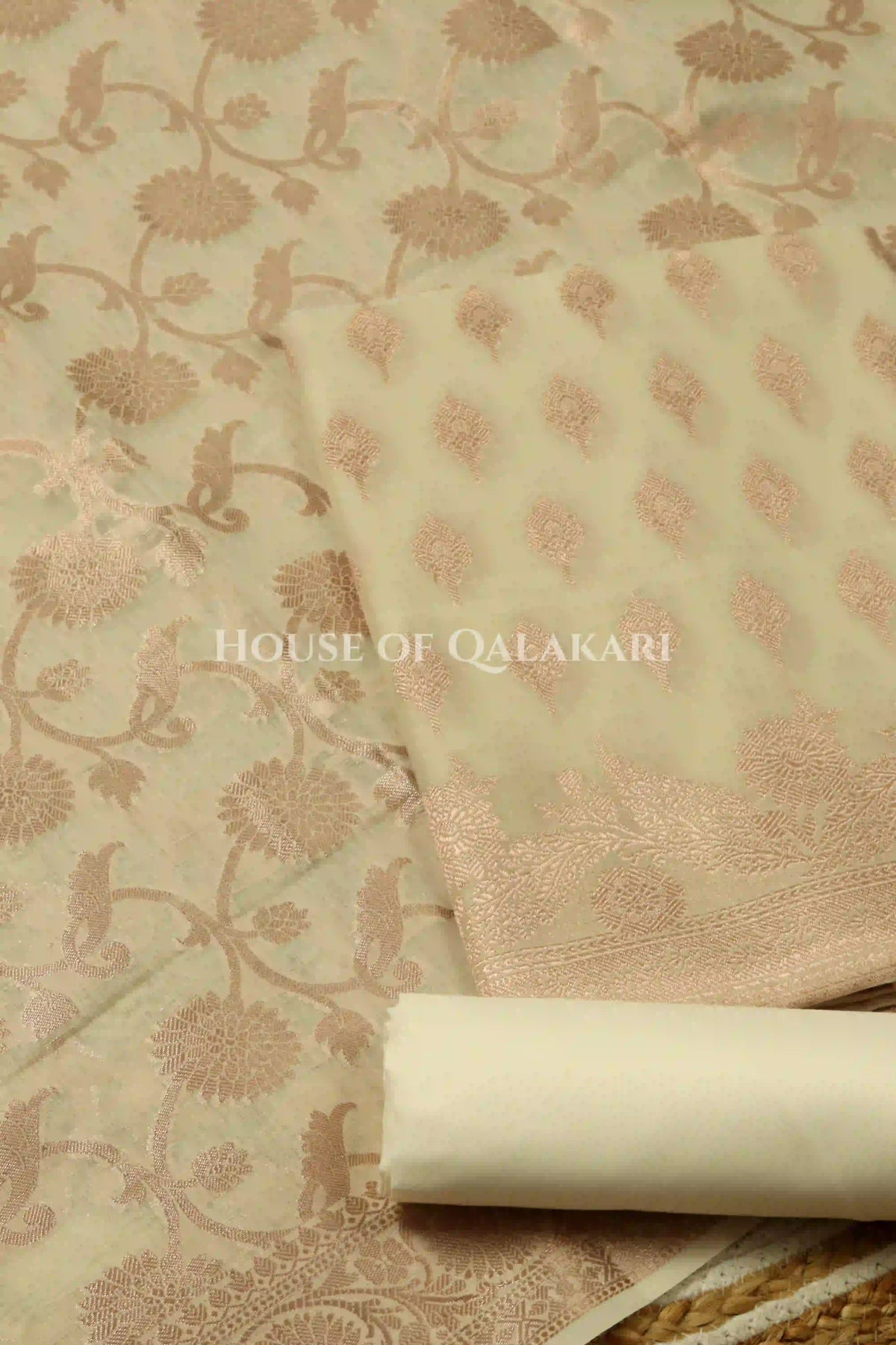Banarasi Chanderi Cotton Unstitched Dress Material in Cream with intricate Zari Buti work – product