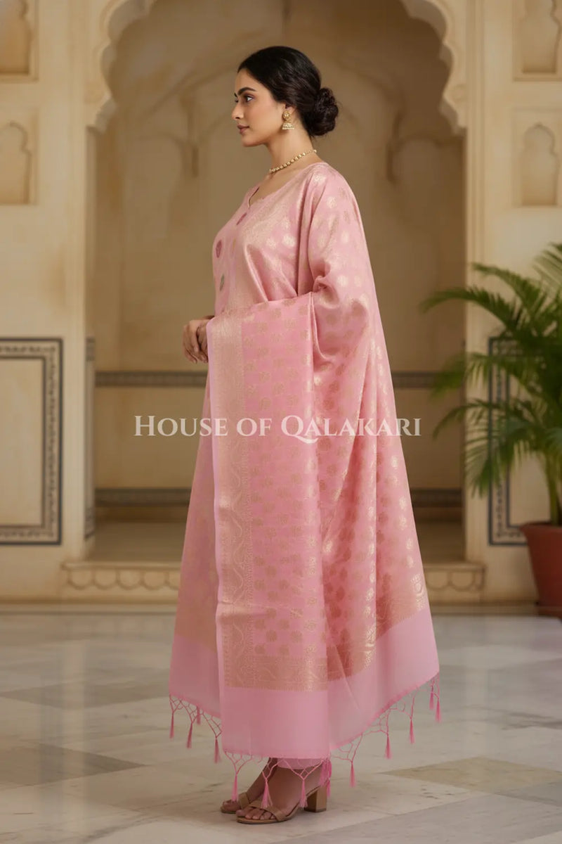 Banarasi Chanderi Cotton Unstitched Dress Material in Light Pink and with matching floral vine jaal dupatta – side pose