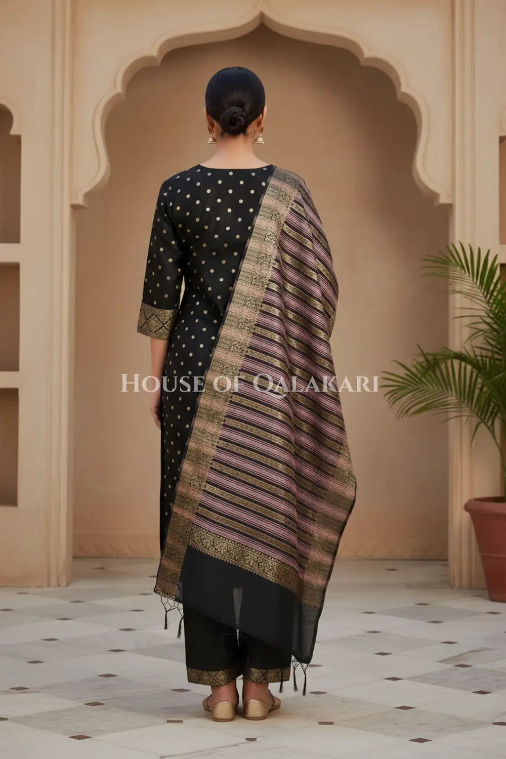 Banarasi Cotton Silk blend Unstitched Dress Material in Black and with gol buti( Polka dots) inspired work – back pose