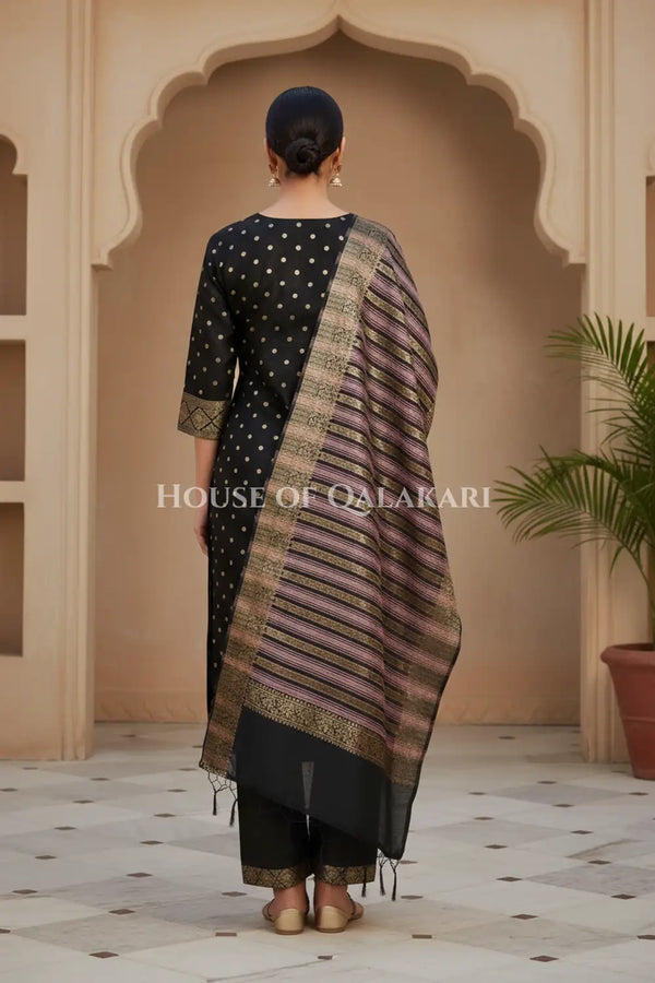 Banarasi Cotton Silk blend Unstitched Dress Material in Black and with gol buti( Polka dots) inspired work – back pose