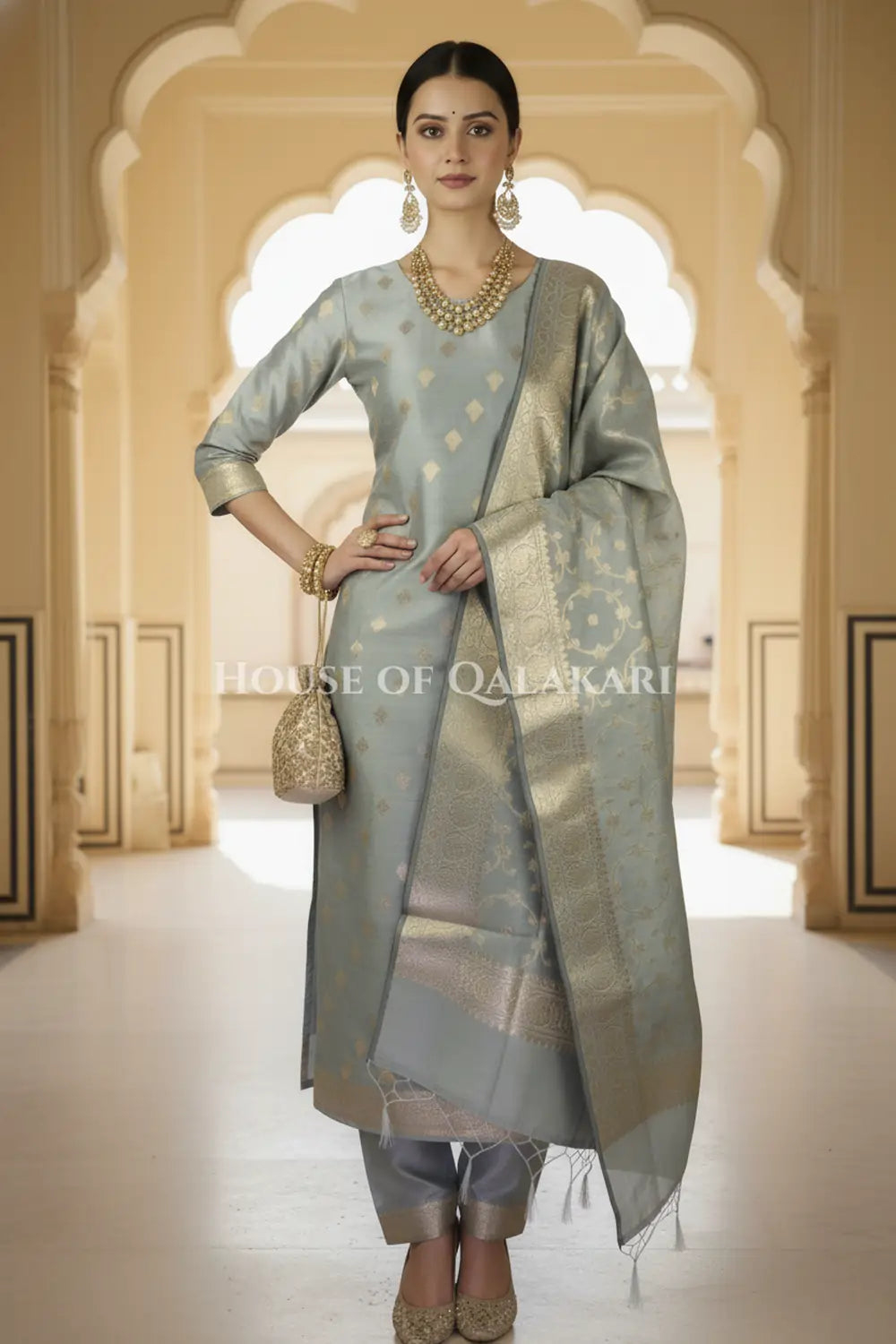 Banarasi Cotton Silk blend Unstitched Dress Material in Grey colour with Intricate Zari Diamond Buti – dramatic pose