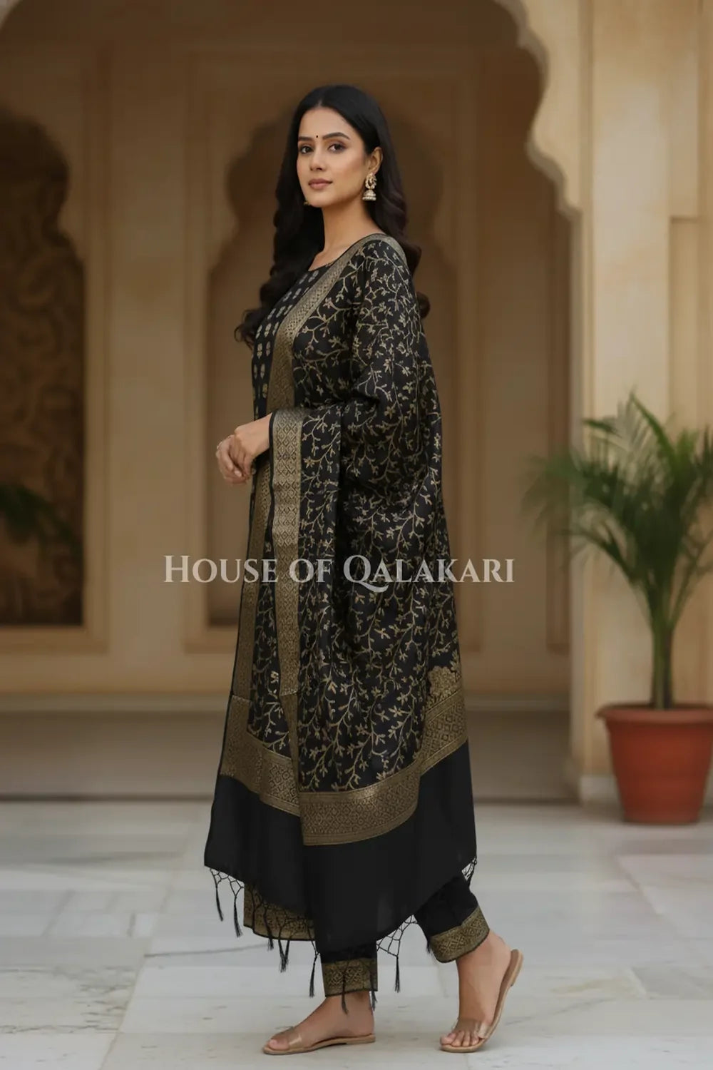 Banarasi Cotton Silk blend Unstitched Dress Material in Black and with matching floral vine jaal dupatta – side pose