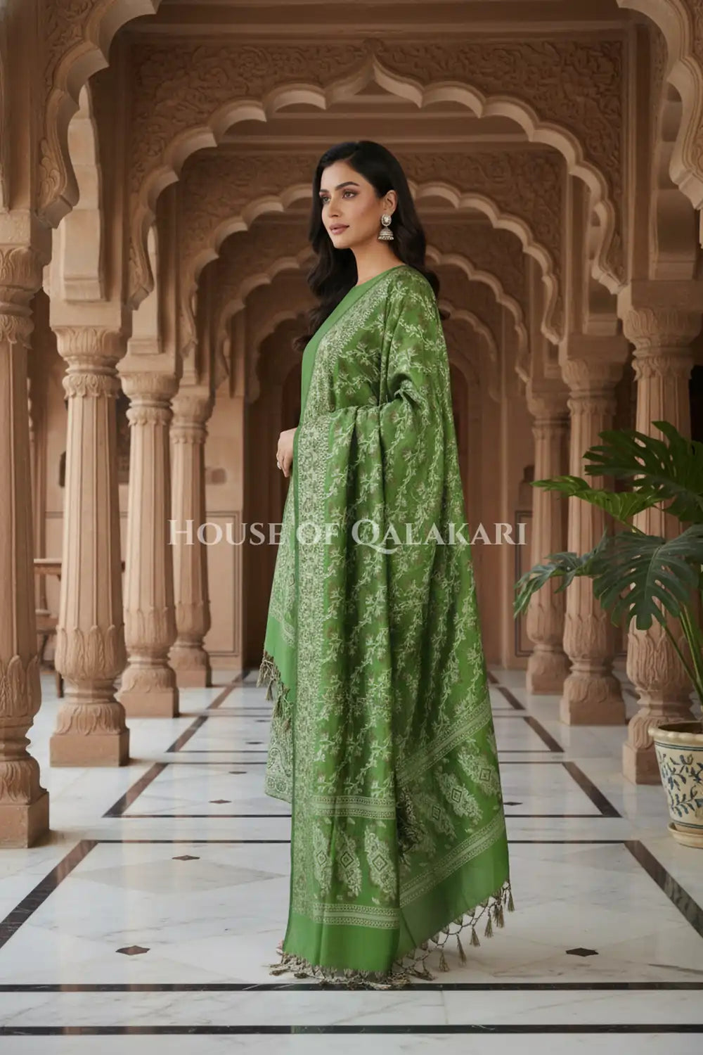 Banarasi Unstitched Dress Material in Light Olive Green and with plain body and resham border and diagonally striped resham dupatta – side pose