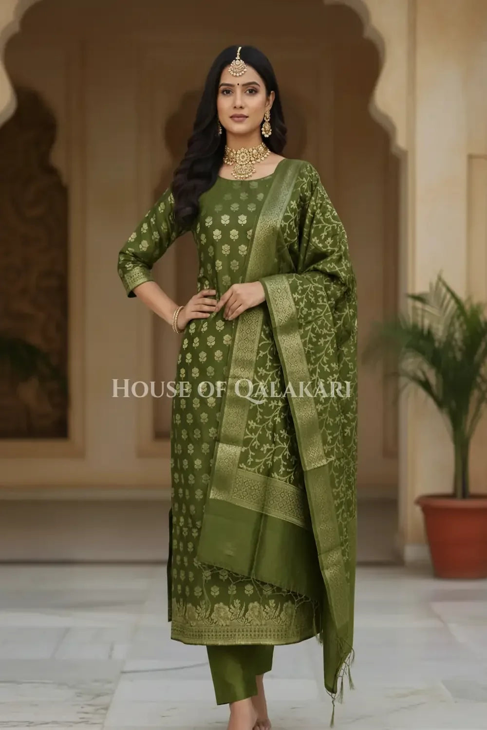 Banarasi Cotton Silk blend Unstitched Dress Material in Mehndi and with matching floral vine jaal dupatta – dramatic pose