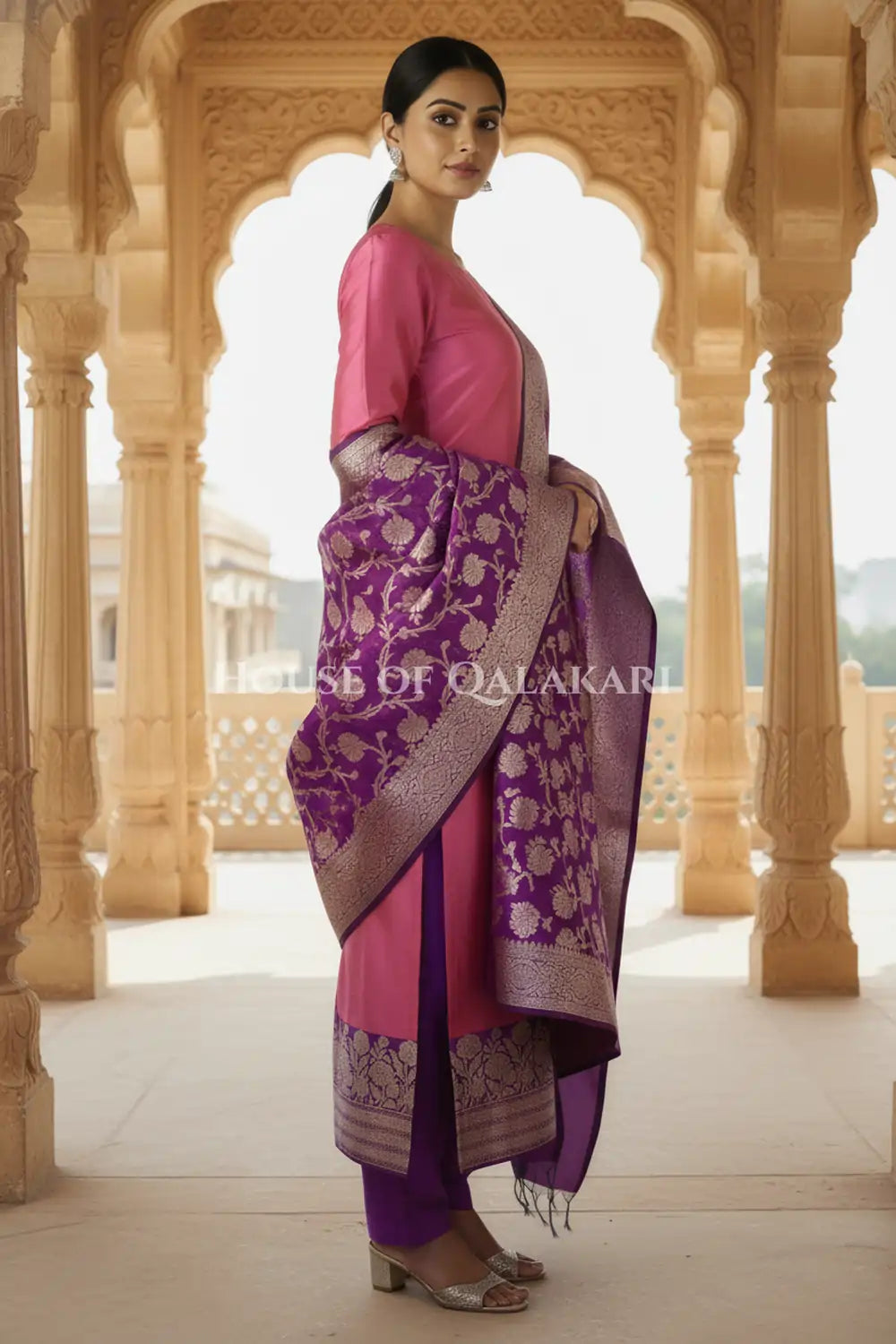 Banarasi silk Unstitched Dress Material in Rose Pink and Dark Purple contrast with Intricate Zari Buti – side pose
