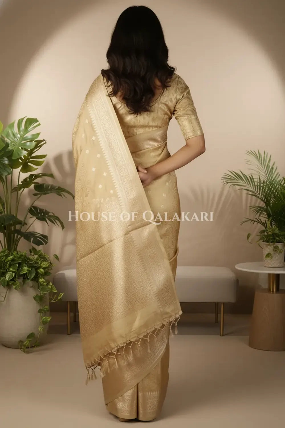 Mushroom silk Saree back pose