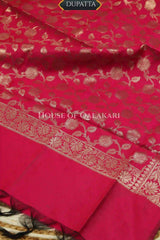 Banarasi silk Unstitched Dress Material in parrot green and pink contrast with Intricate Zari Buti – dupatta