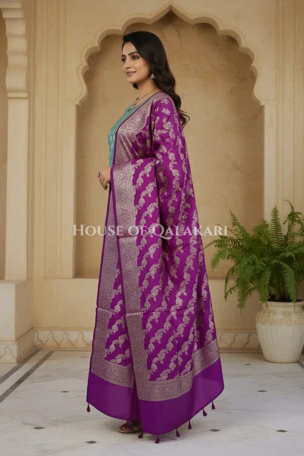Banarasi Silk Unstitched Dress Material in Light Teal Green and Rich Purple contrast with Intricate Zari Buti – side pose
