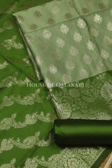 Banarasi Silk Unstitched Dress Material in Sage Green and Green contrast with Intricate Zari Buti – product