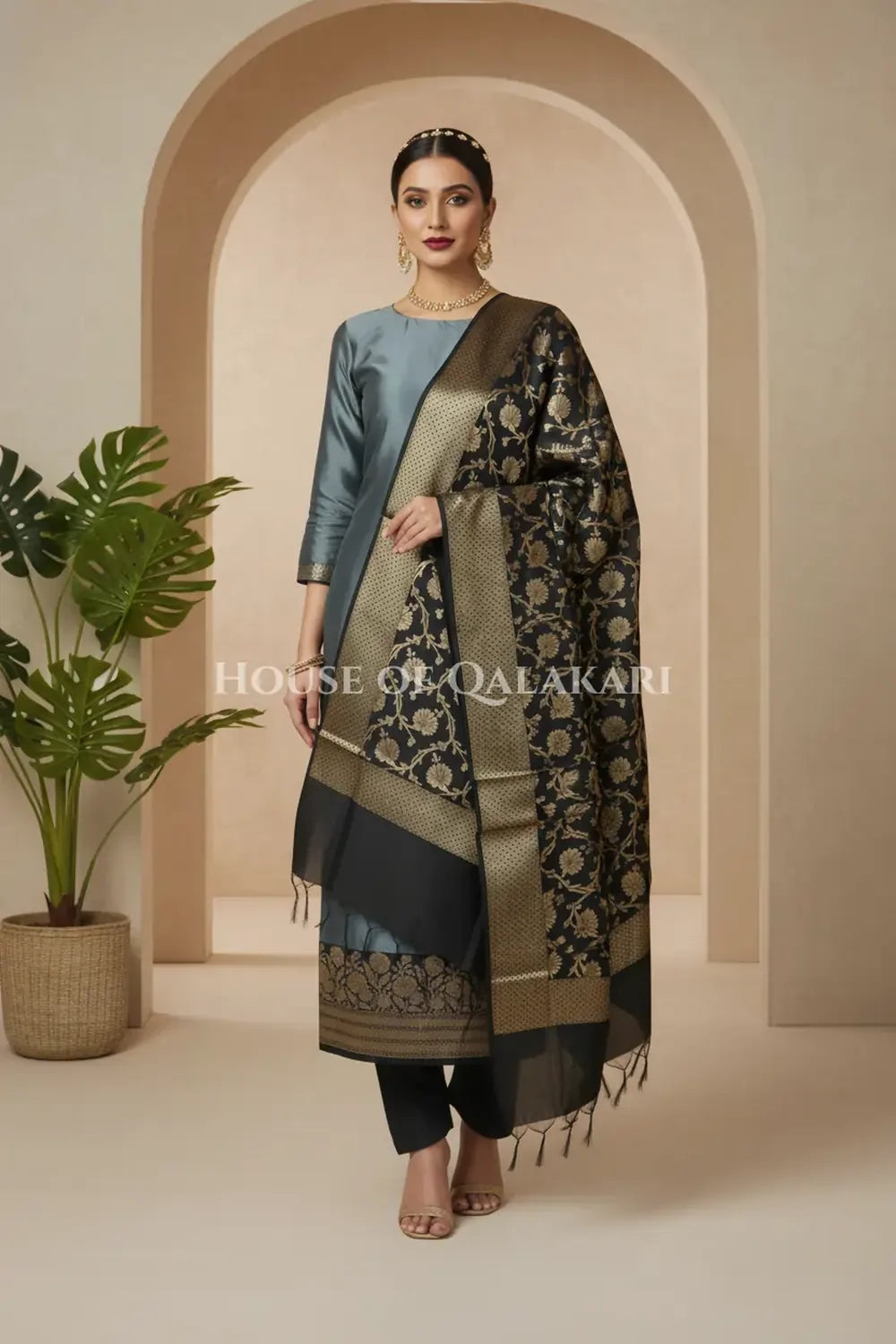 Banarasi silk Unstitched Dress Material in grey and black contrast with Intricate Zari Buti – festive
