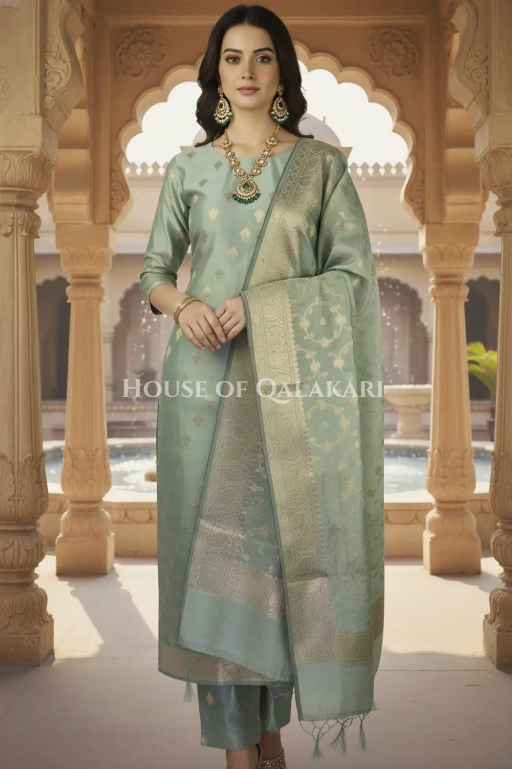 Banarasi Cotton Silk blend Unstitched Dress Material in Antique Aqua green colour with Intricate Zari Diamond Buti – dramatic pose