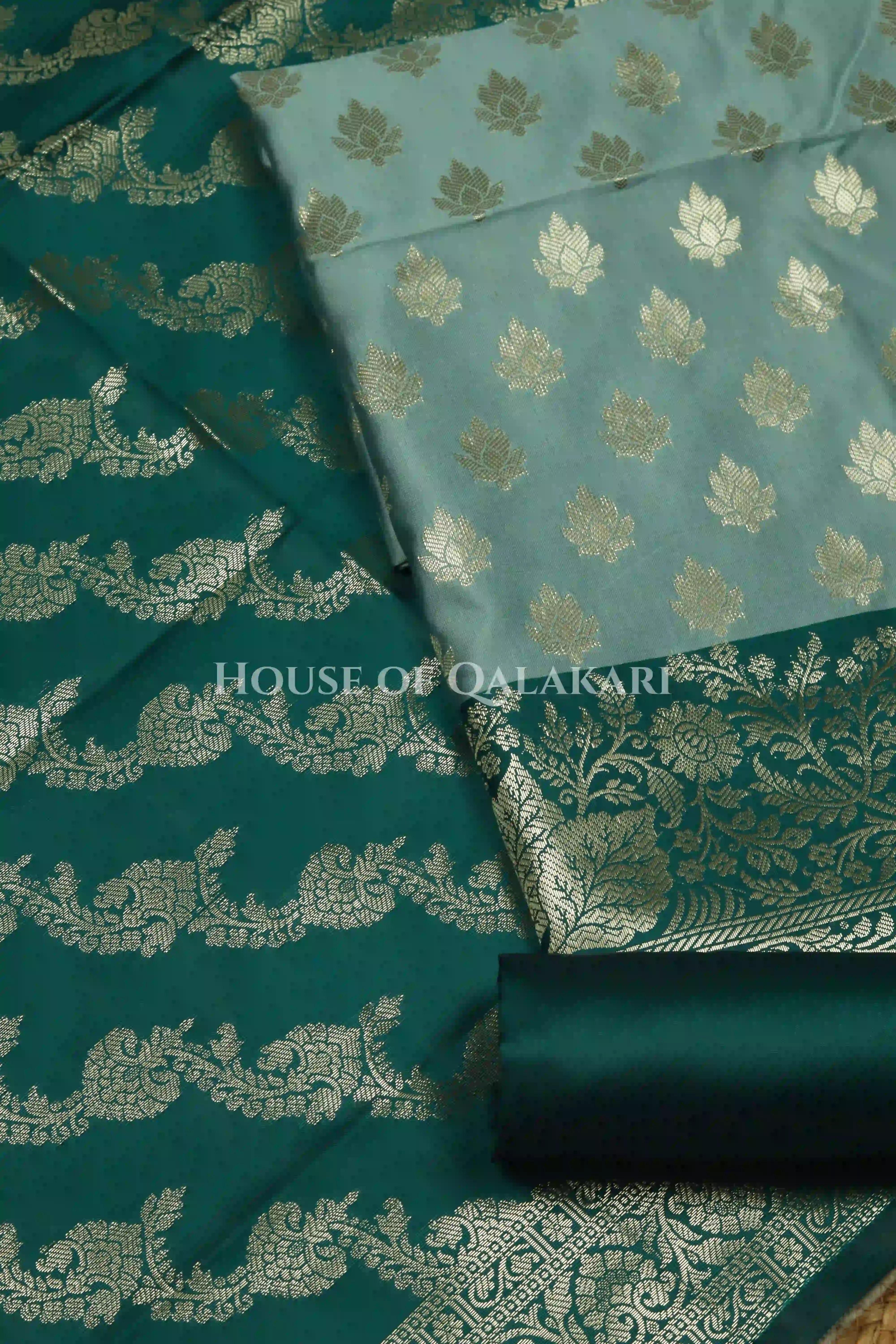 Banarasi Silk Unstitched Dress Material in Blue Grey and Deep Bluish Green contrast with Intricate Zari Buti – product
