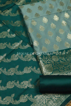 Banarasi Silk Unstitched Dress Material in Blue Grey and Deep Bluish Green contrast with Intricate Zari Buti – product