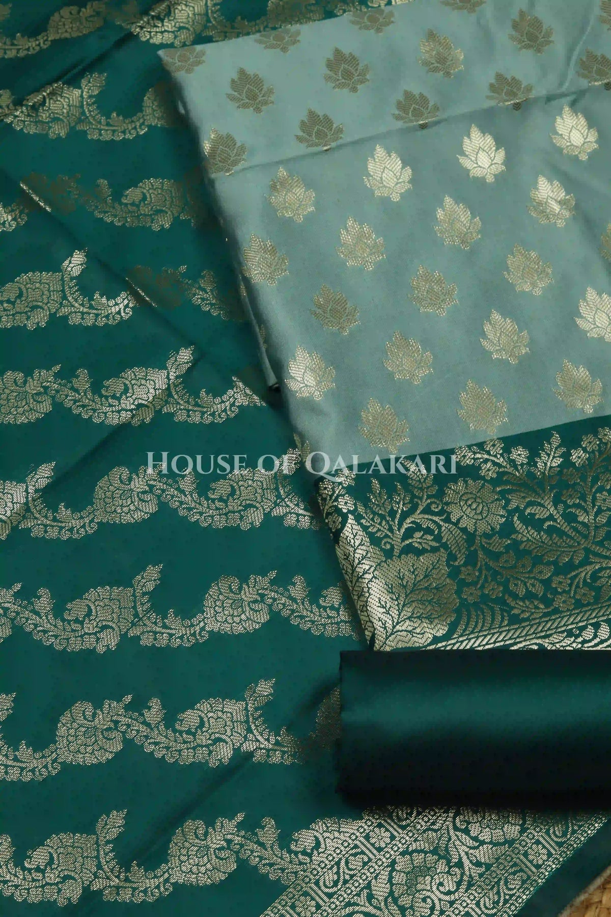 Banarasi Silk Unstitched Dress Material in Blue Grey and Deep Bluish Green contrast with Intricate Zari Buti – product