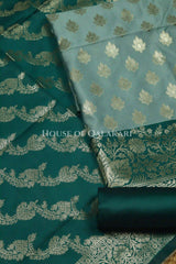 Banarasi Silk Unstitched Dress Material in Blue Grey and Deep Bluish Green contrast with Intricate Zari Buti – product
