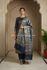 Banarasi Cotton Silk blend Unstitched Dress Material in midnight navy blue and with Bandhani-Leheriya inspired work – front pose