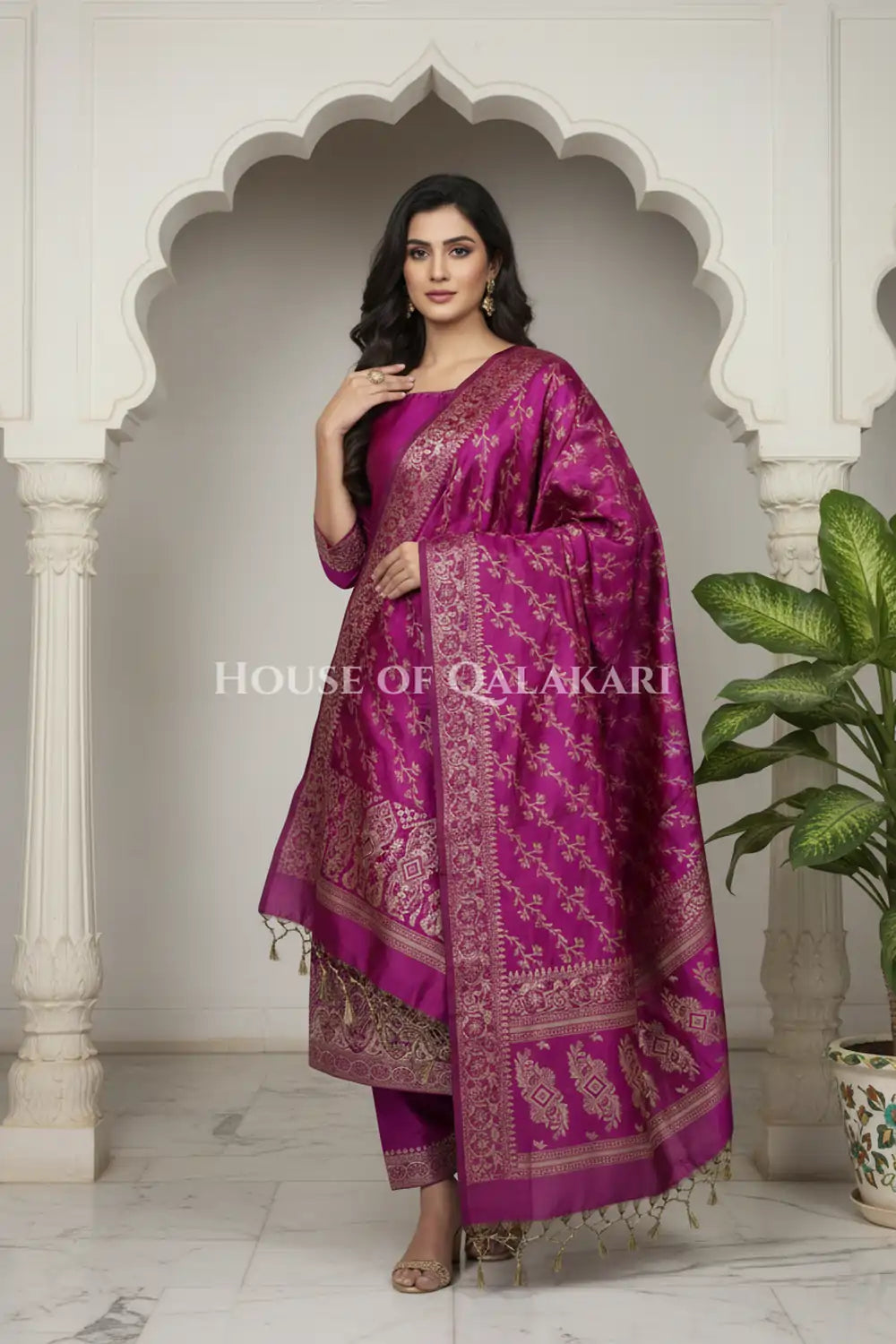 Banarasi Unstitched Dress Material in Rich Purple and with plain body and resham border and diagonally striped resham dupatta – front pose