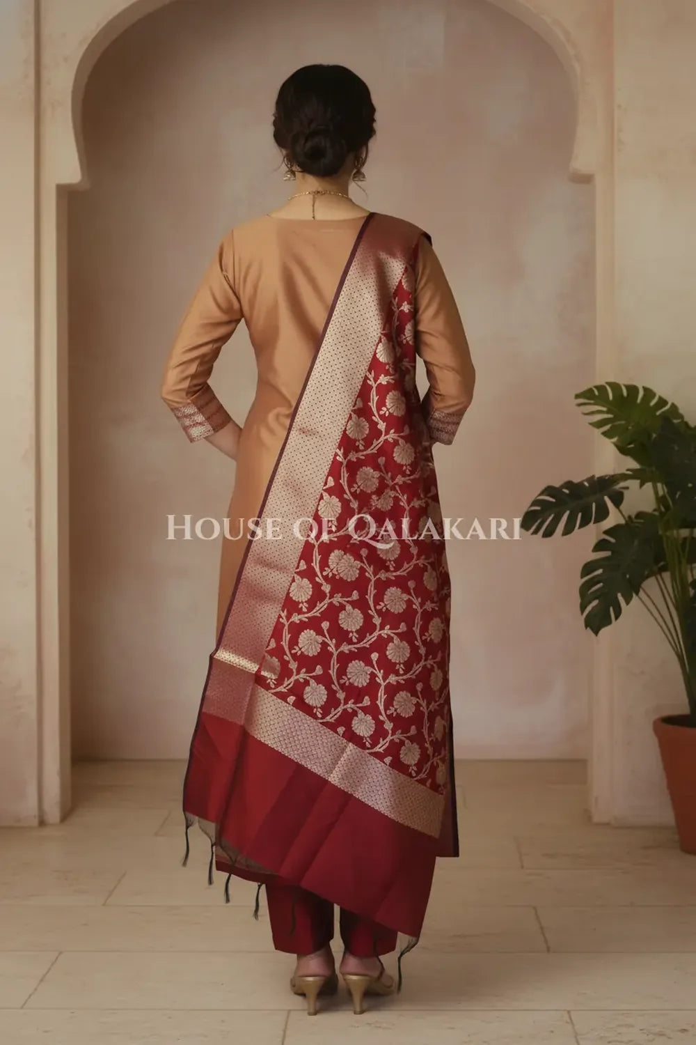 Banarasi silk Unstitched Dress Material in mustard and red contrast with Intricate Zari Buti – back pose