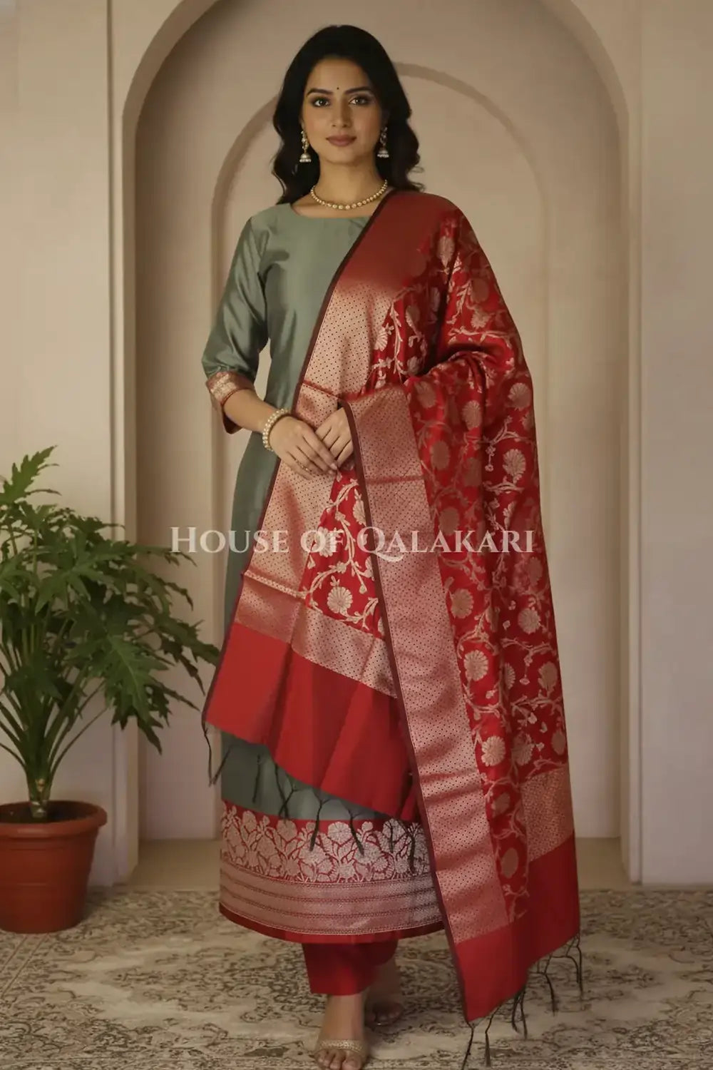 Banarasi silk Unstitched Dress Material in grey and red contrast with Intricate Zari Buti – wedding