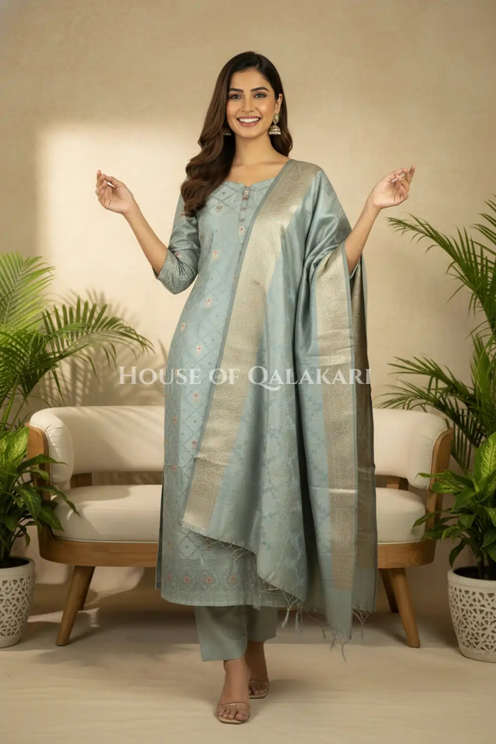 Banarasi Unstitched Dress Material in Grey diamond Chokdi resham work kurta and zari border – festive pose