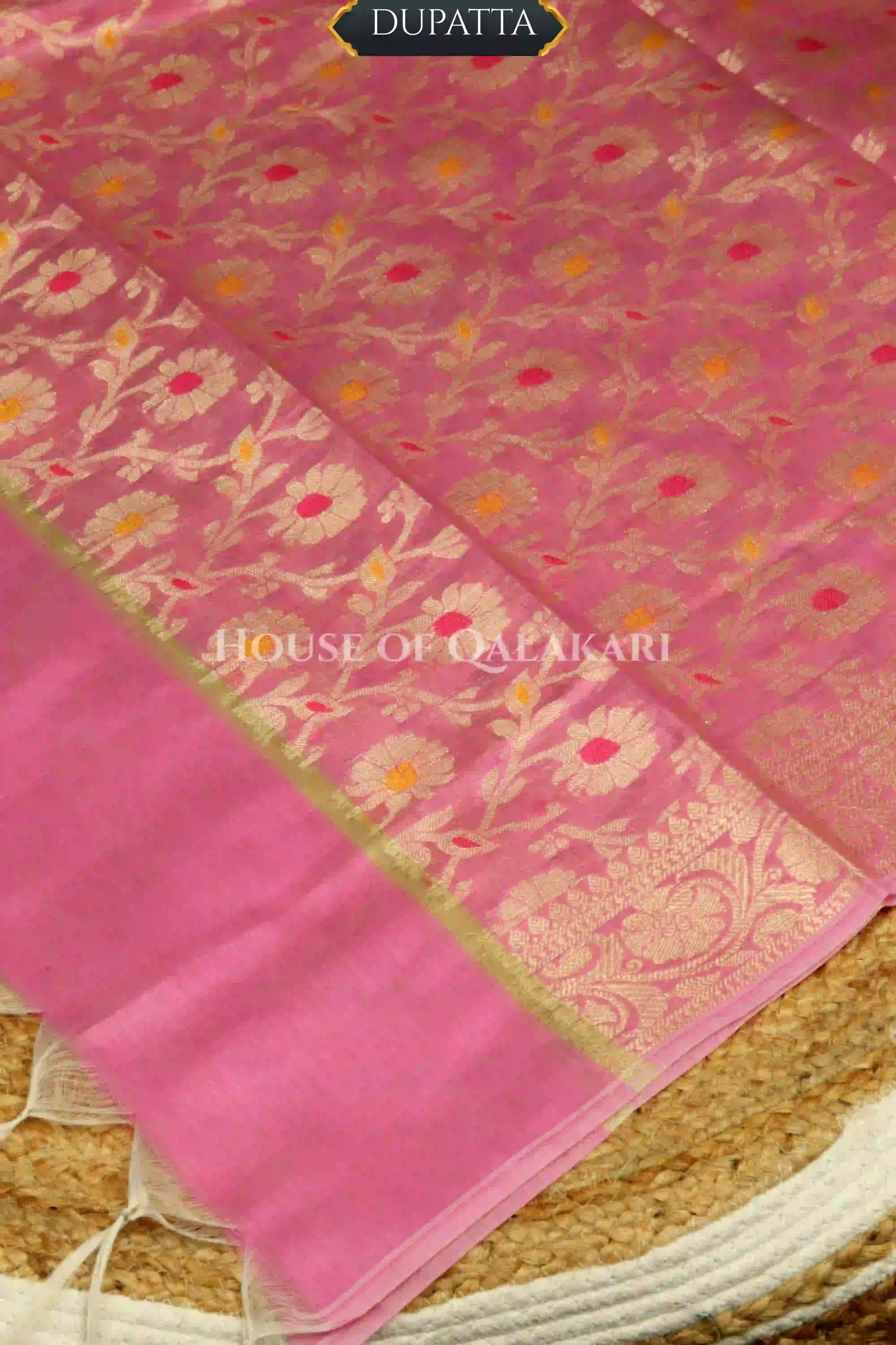 Pink Banarasi Chanderi Cotton Unstitched Dress Material with Zari Work – dupatta